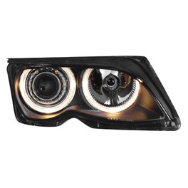 Far&oacute;is frontais angel eyes BMW E46 2001-2005 4 portas / limousine fundo preto.
