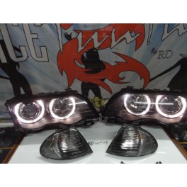 Farois angel eyes BMW E46 4 portas / limosine 98-01 fundo preto com angel eyes em branco