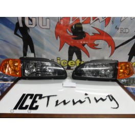 Far&oacute;is frontais com LED H4 6000k Honda civic 92-95 JDM + piscas frontais 4 portas fundo laranja Euro Look